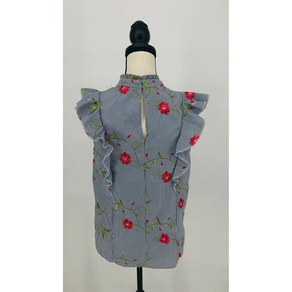 BCBGeneration Blue White Pinstripe Floral Embroidered High Neck Ruffle Top Small - Picture 4 of 12